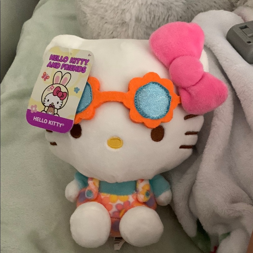 Hello Kitty Plush Toy with Pink Bow and Orange Glasses